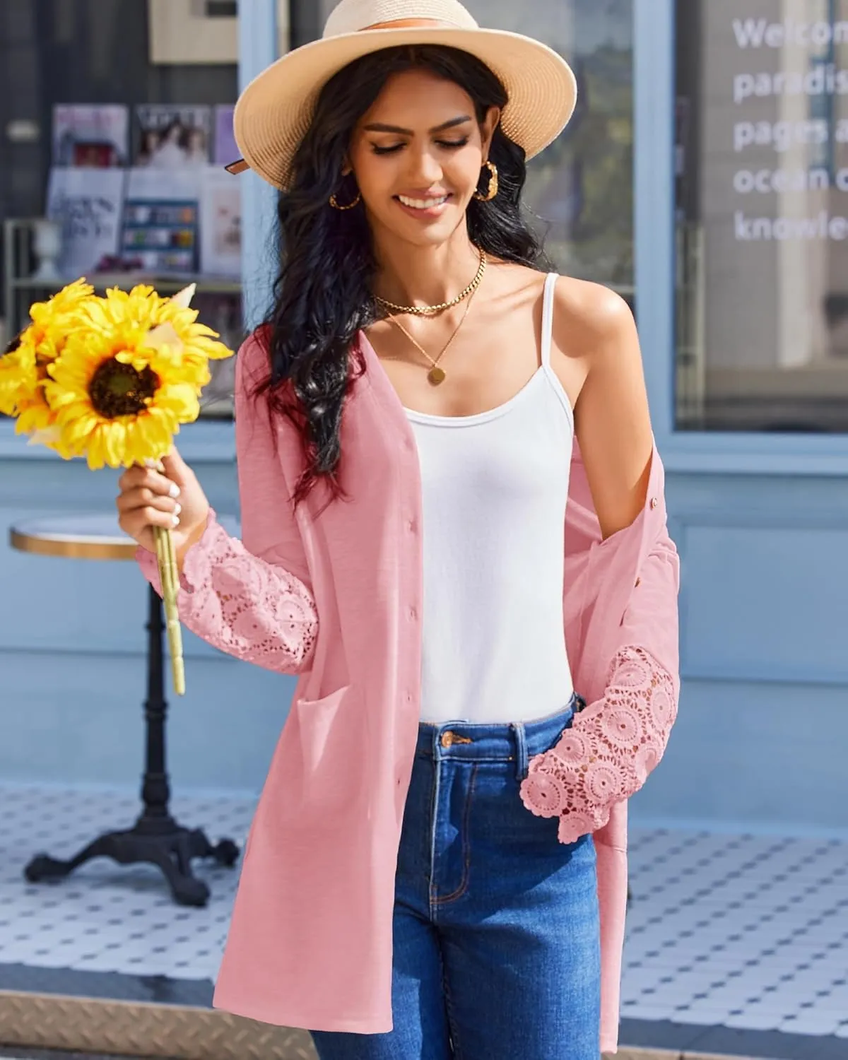 Womens Lightweight Cardigan Casual Long Lace Sleeve Knitted Cardigan Sweaters Open Front Button Down Pockets Outwear