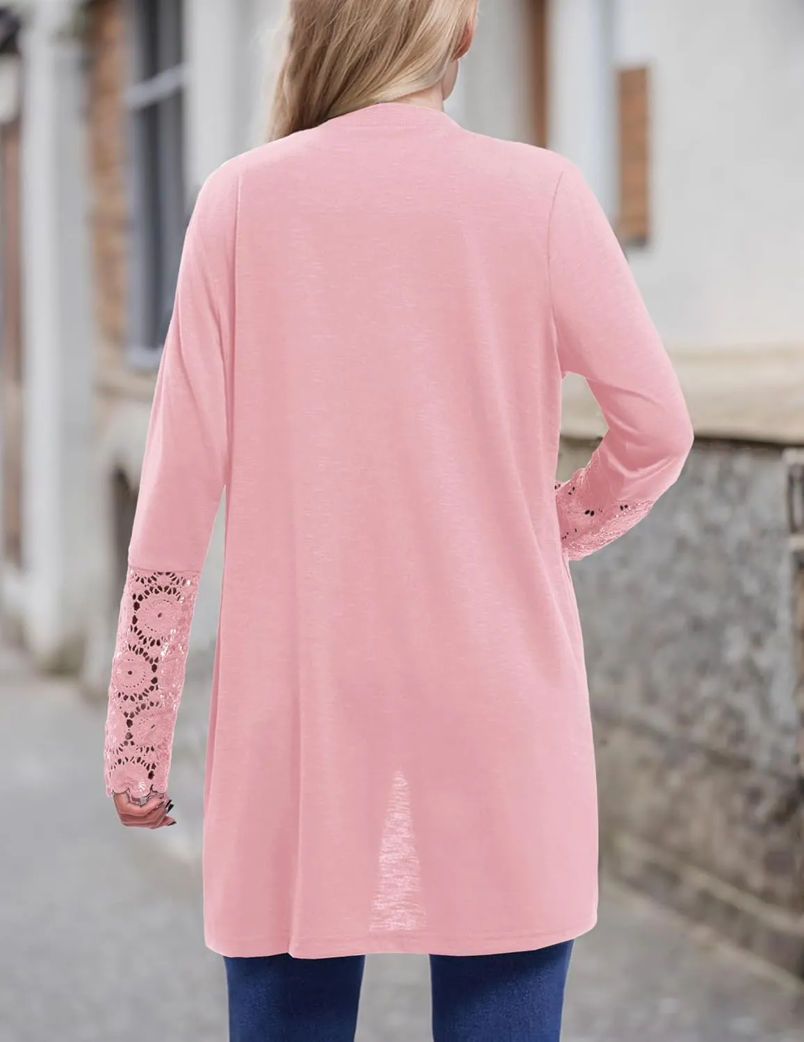 Womens Lightweight Cardigan Casual Long Lace Sleeve Knitted Cardigan Sweaters Open Front Button Down Pockets Outwear