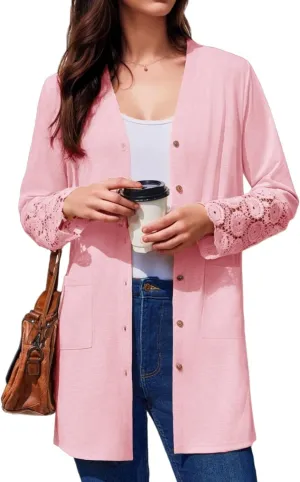 Womens Lightweight Cardigan Casual Long Lace Sleeve Knitted Cardigan Sweaters Open Front Button Down Pockets Outwear