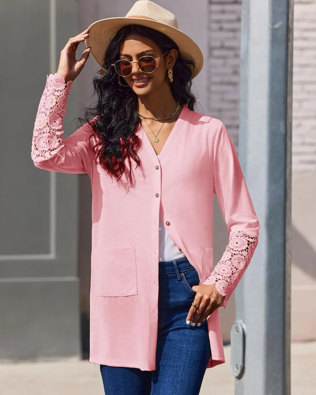 Womens Lightweight Cardigan Casual Long Lace Sleeve Knitted Cardigan Sweaters Open Front Button Down Pockets Outwear