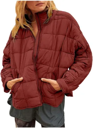 Women's Lightweight Oversized Long Sleeve Zip Waterproof Packable Puffer Jacket Warm Short down Coat with Pockets