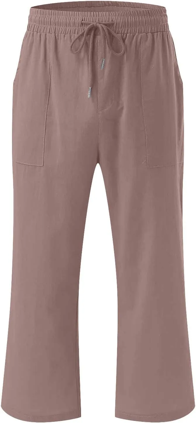 Women's Linen Capris Fashion Tapered Crop Pants Drawstring Elastic Waist Yoga Pants 2024 Casual Summer Pants