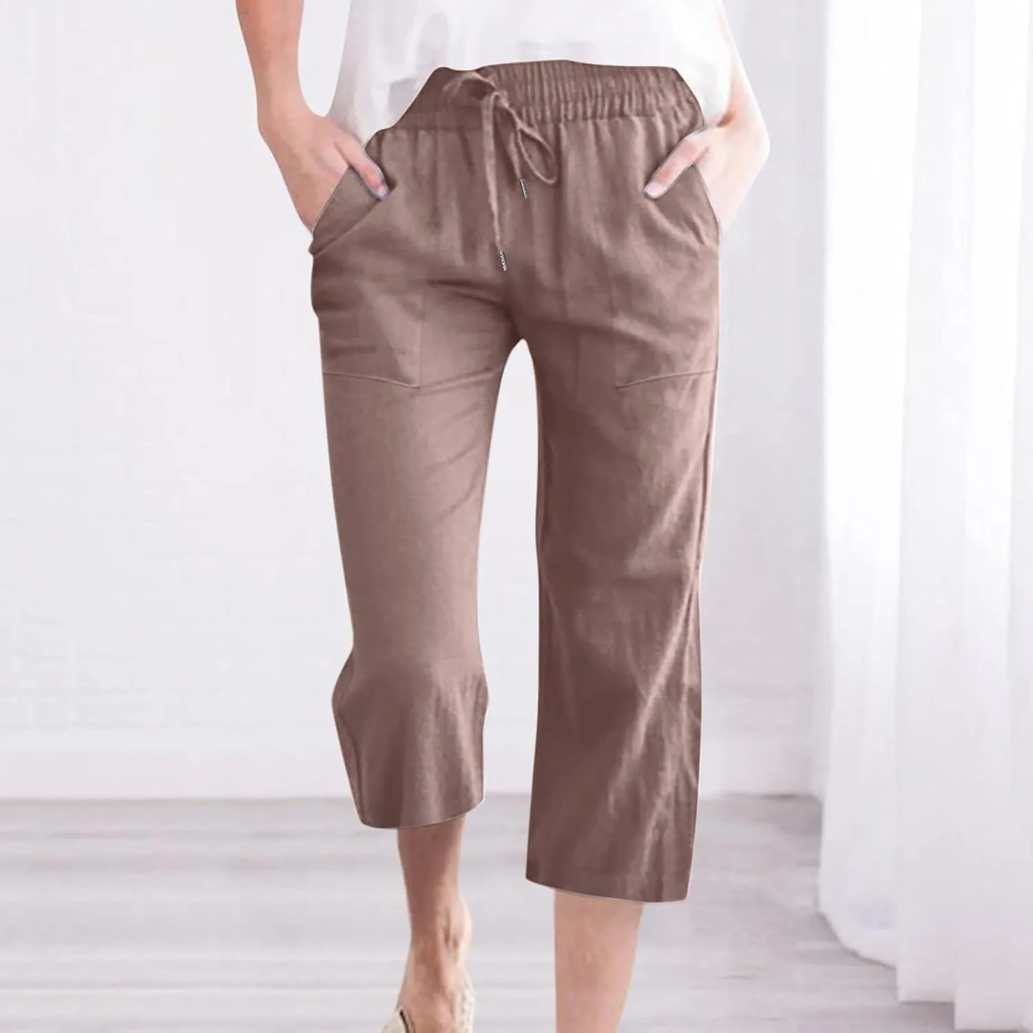 Women's Linen Capris Fashion Tapered Crop Pants Drawstring Elastic Waist Yoga Pants 2024 Casual Summer Pants