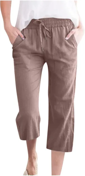 Women's Linen Capris Fashion Tapered Crop Pants Drawstring Elastic Waist Yoga Pants 2024 Casual Summer Pants