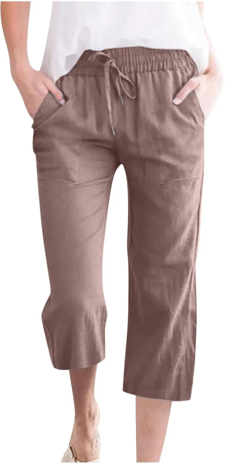 Women's Linen Capris Fashion Tapered Crop Pants Drawstring Elastic Waist Yoga Pants 2024 Casual Summer Pants