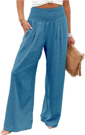Women's Linen Palazzo Pants 2025 Summer High Waist Wide Leg Lightweight Beach Pants Boho Elastic Waist Trousers