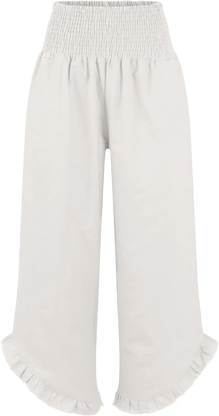 Women's Linen Palazzo Pants Summer Casual Vacation High Waist Wide Leg Trousers Trendy Lounge Pant with Pockets