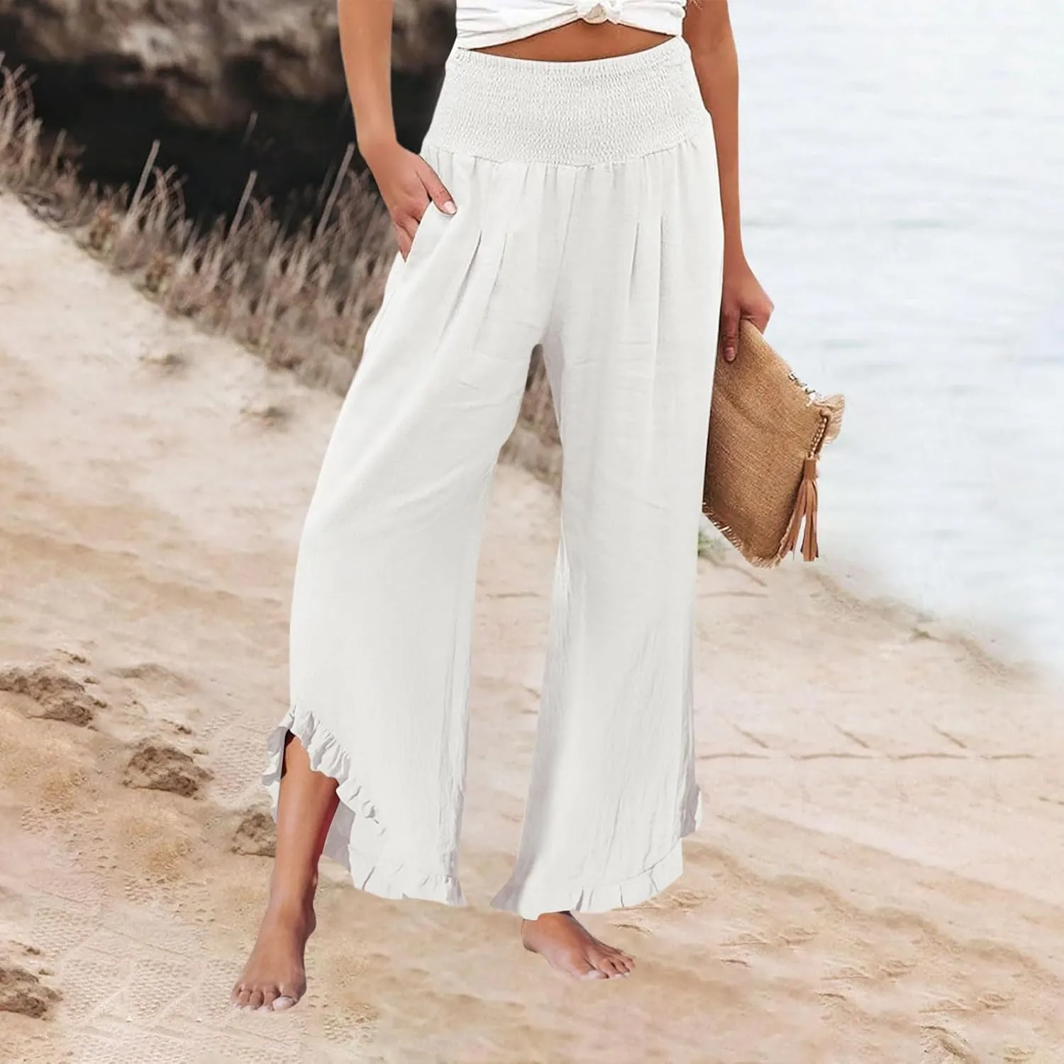 Women's Linen Palazzo Pants Summer Casual Vacation High Waist Wide Leg Trousers Trendy Lounge Pant with Pockets