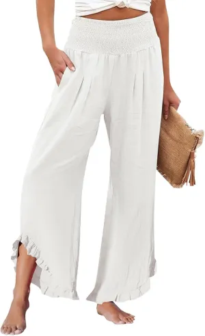 Women's Linen Palazzo Pants Summer Casual Vacation High Waist Wide Leg Trousers Trendy Lounge Pant with Pockets