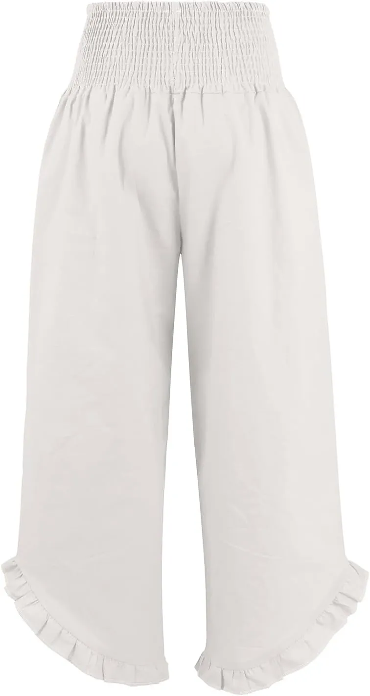 Women's Linen Palazzo Pants Summer Casual Vacation High Waist Wide Leg Trousers Trendy Lounge Pant with Pockets
