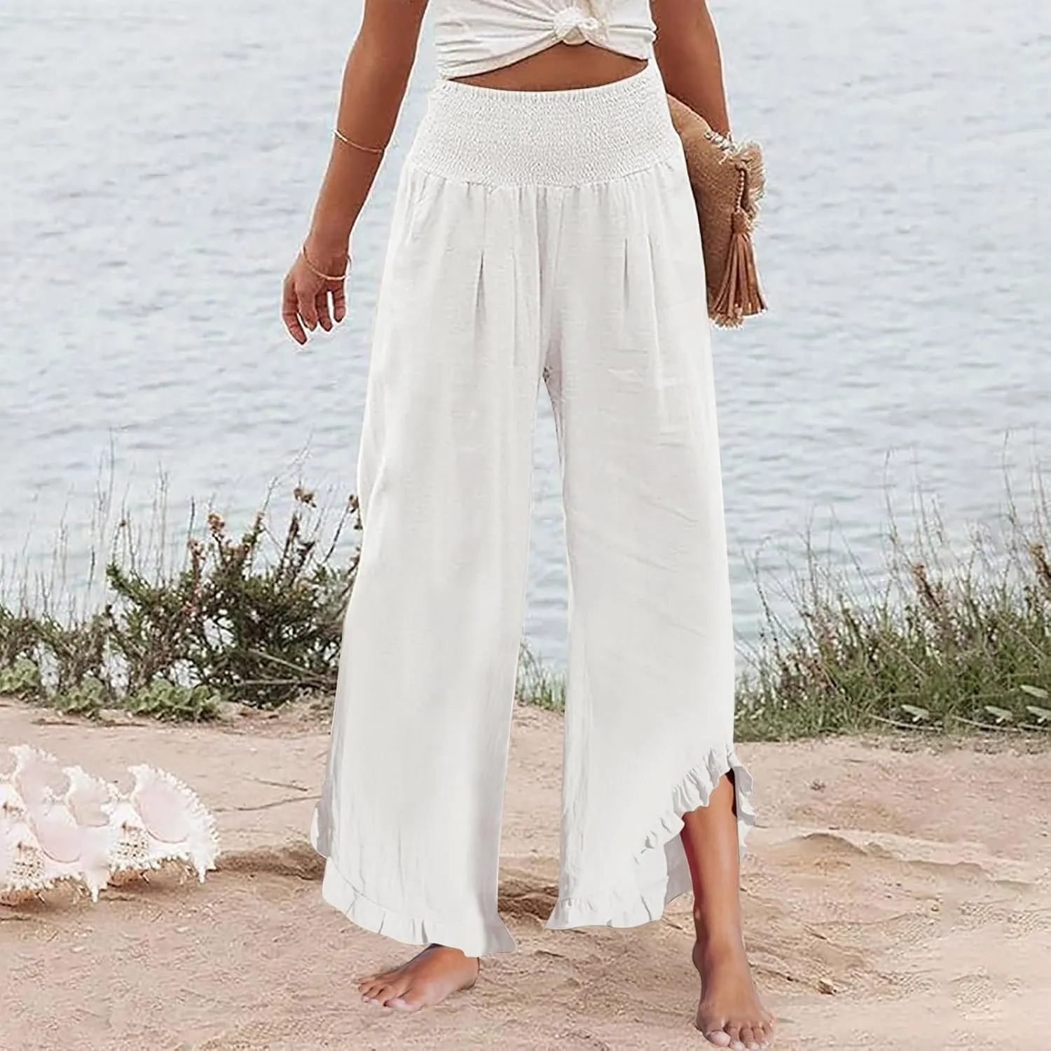 Women's Linen Palazzo Pants Summer Casual Vacation High Waist Wide Leg Trousers Trendy Lounge Pant with Pockets