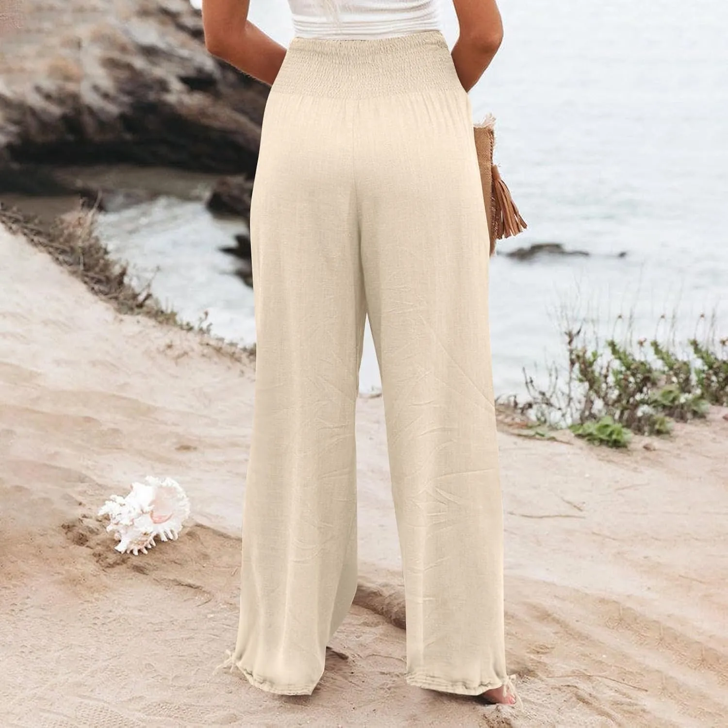 Womens Linen Pants 2025 Summer Casual Wide Leg Palazzo Pants Loose Smocked High Waist Work Slack Flowy Beach Trousers