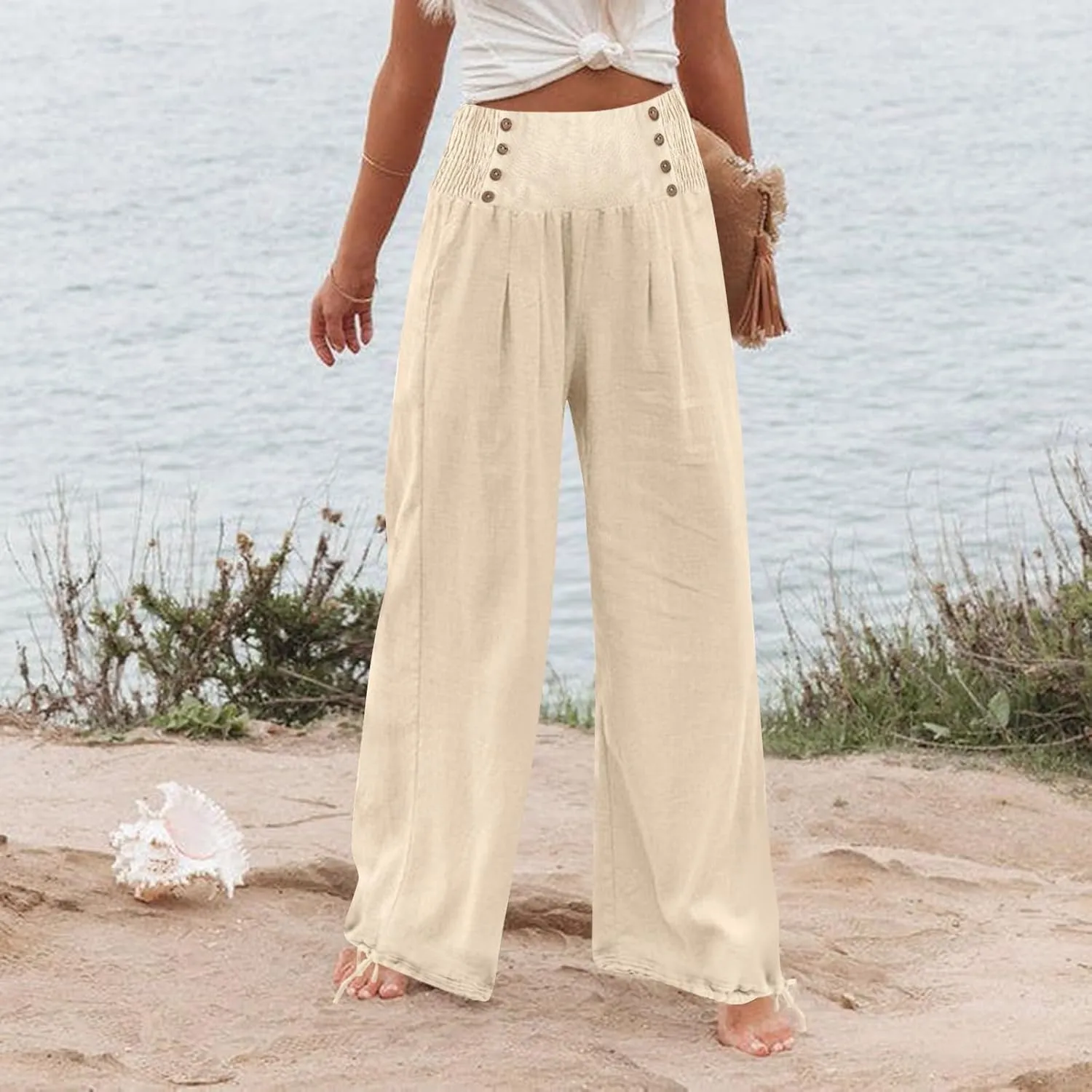 Womens Linen Pants 2025 Summer Casual Wide Leg Palazzo Pants Loose Smocked High Waist Work Slack Flowy Beach Trousers