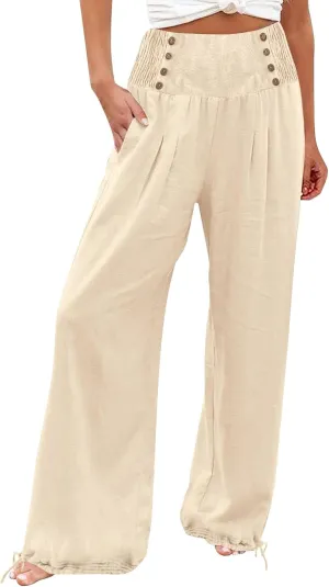 Womens Linen Pants 2025 Summer Casual Wide Leg Palazzo Pants Loose Smocked High Waist Work Slack Flowy Beach Trousers