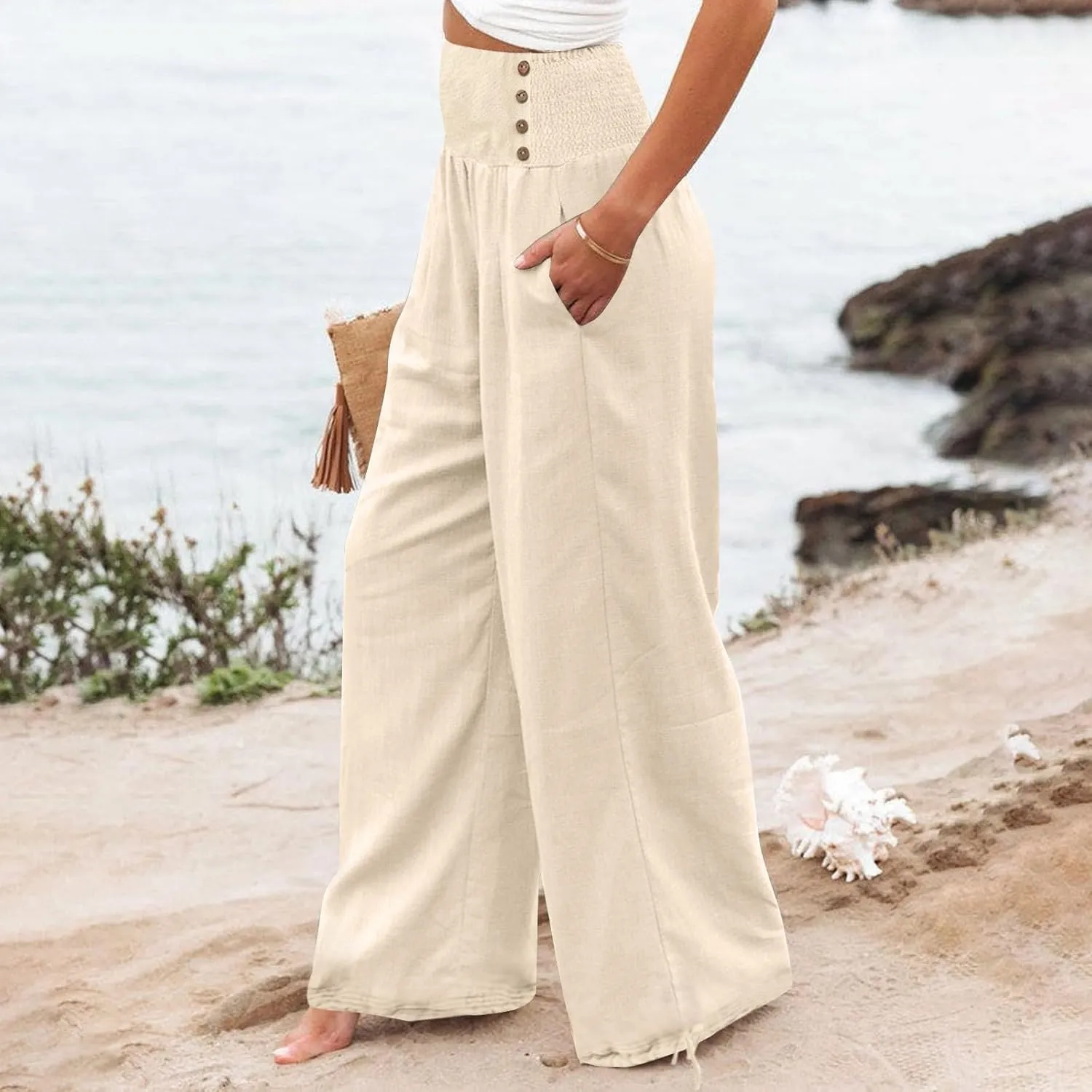 Womens Linen Pants 2025 Summer Casual Wide Leg Palazzo Pants Loose Smocked High Waist Work Slack Flowy Beach Trousers