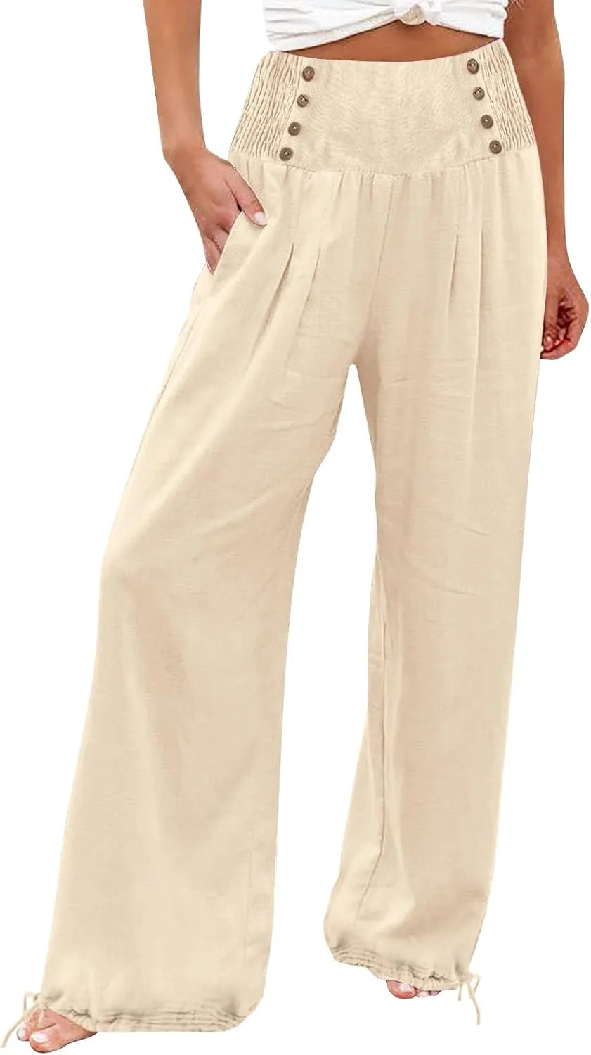 Womens Linen Pants 2025 Summer Casual Wide Leg Palazzo Pants Loose Smocked High Waist Work Slack Flowy Beach Trousers