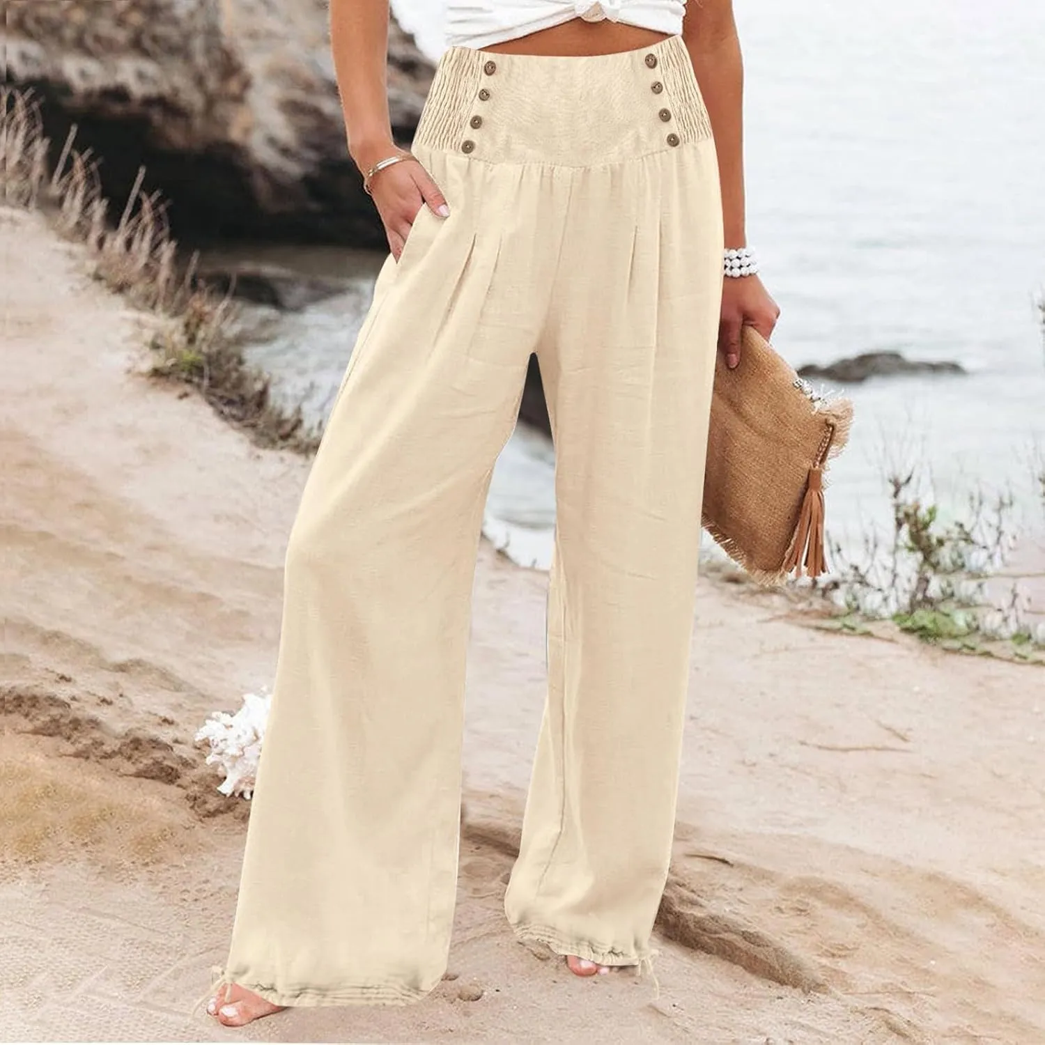 Womens Linen Pants 2025 Summer Casual Wide Leg Palazzo Pants Loose Smocked High Waist Work Slack Flowy Beach Trousers