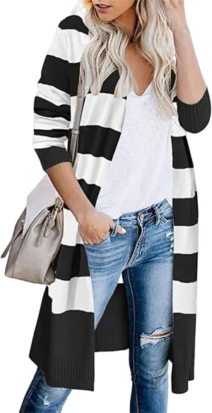 Womens Long Cardigan Open Front Color Block Striped Knit Sweaters Fashion Oversized Casual Kimono Coat Thin Jackets