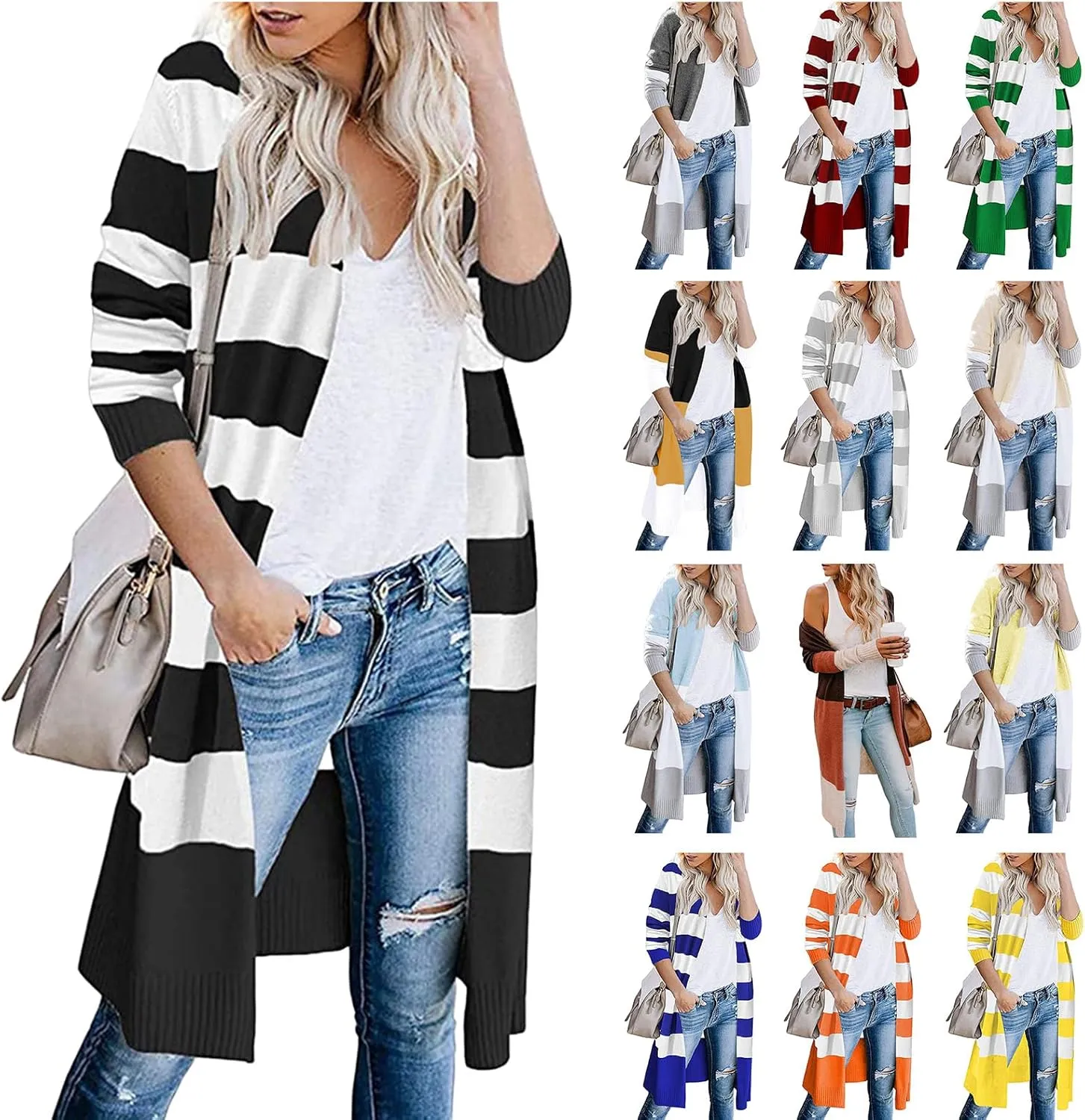 Womens Long Cardigan Open Front Color Block Striped Knit Sweaters Fashion Oversized Casual Kimono Coat Thin Jackets
