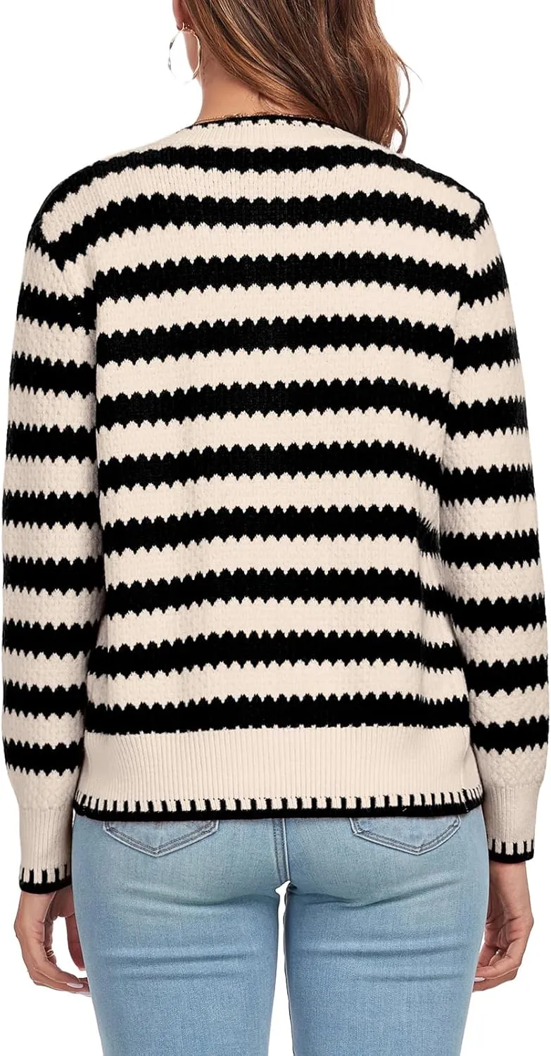 Women's Long Sleeve Button Knit Cardigan Sweater Open Front Crew Neck Striped Cardigan Jacket