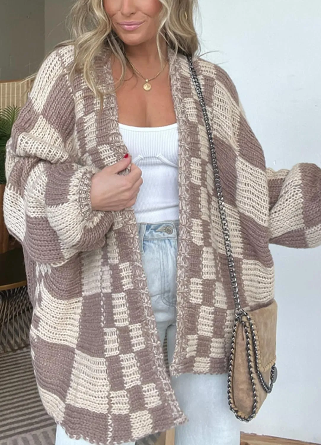 Womens Long Sleeve Chunky Cable Knit Fall Cardigan Sweaters Oversized Open Front Plaid Kimonos Outwear with Pockets