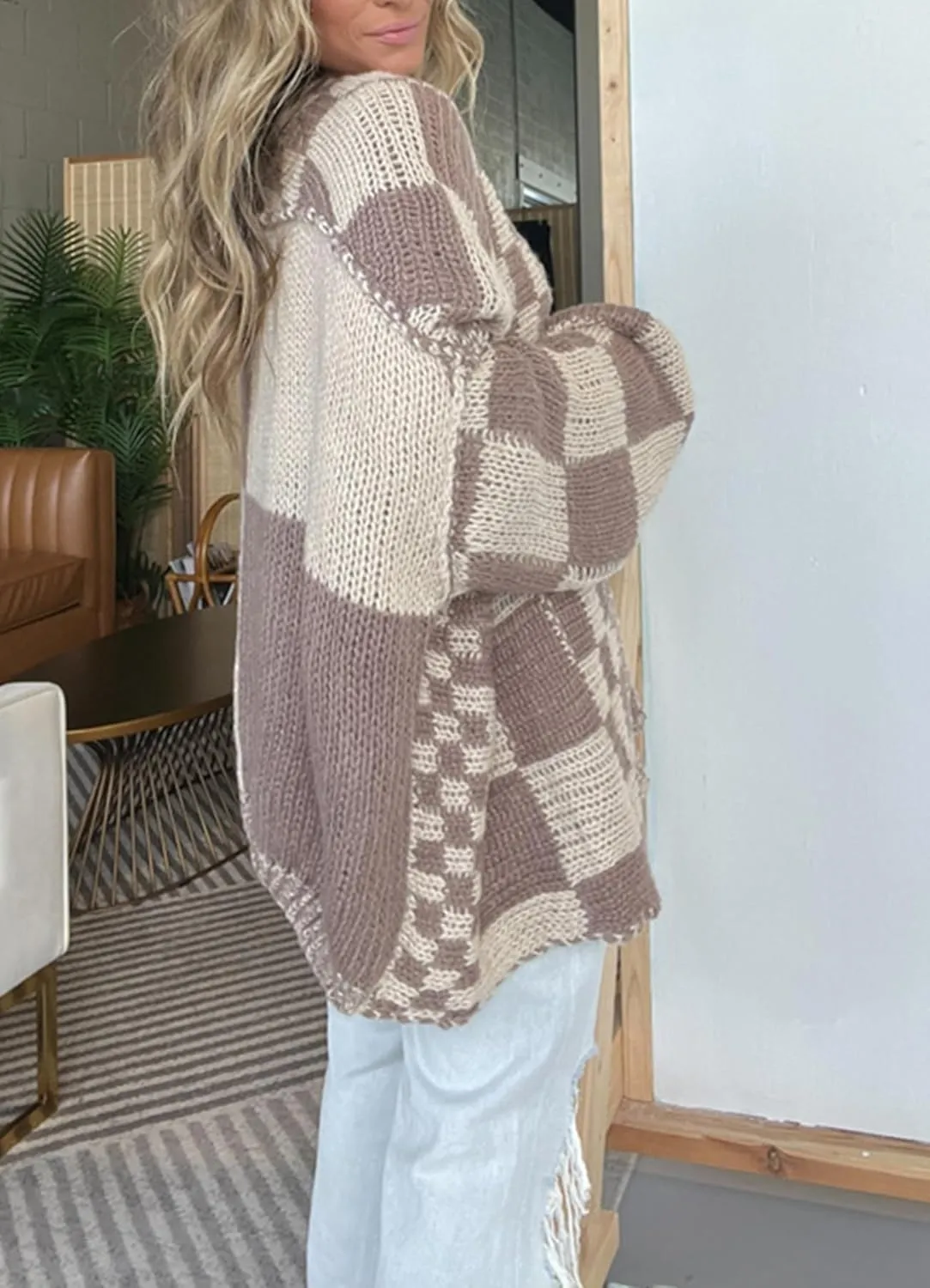 Womens Long Sleeve Chunky Cable Knit Fall Cardigan Sweaters Oversized Open Front Plaid Kimonos Outwear with Pockets