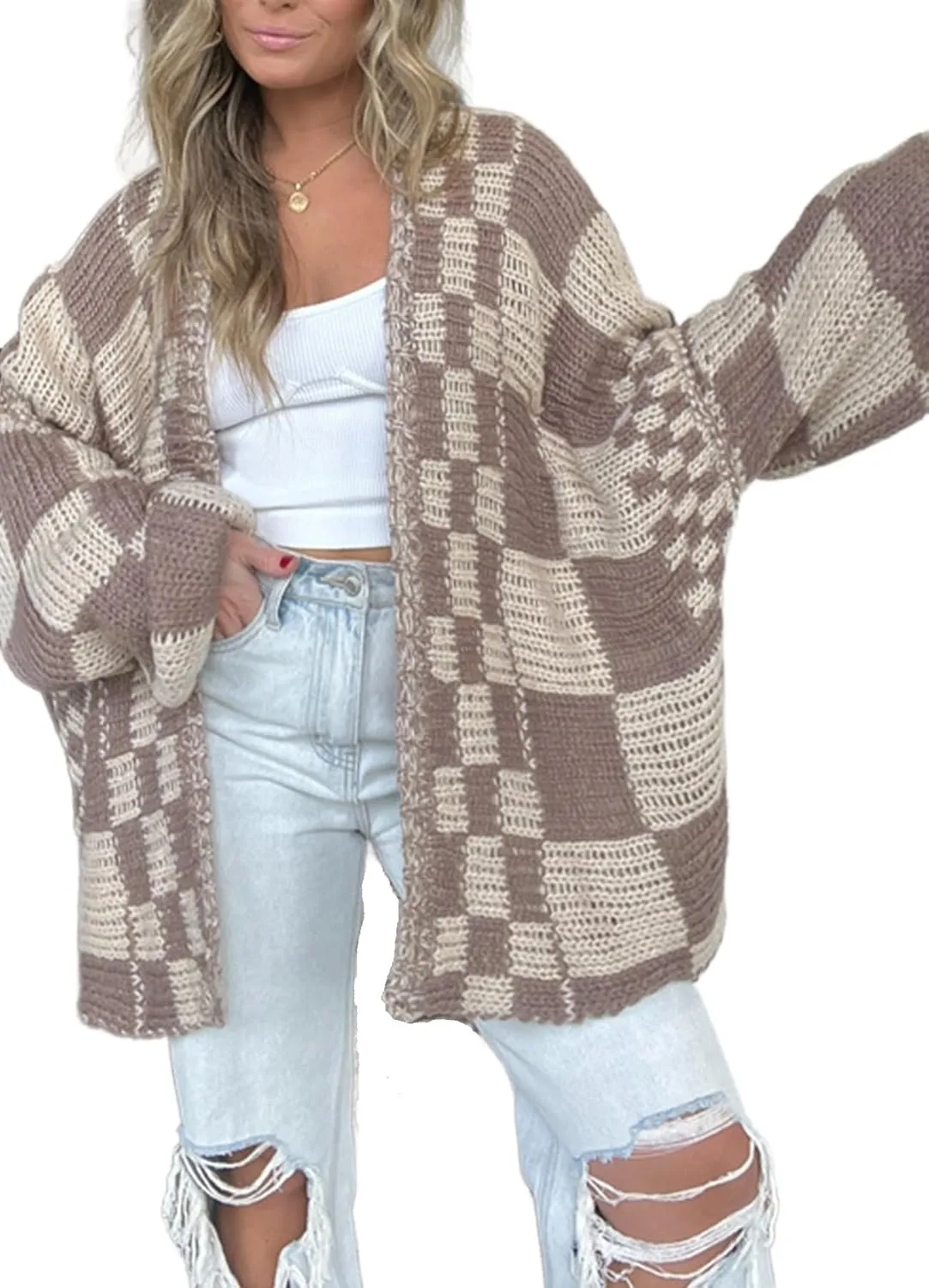 Womens Long Sleeve Chunky Cable Knit Fall Cardigan Sweaters Oversized Open Front Plaid Kimonos Outwear with Pockets