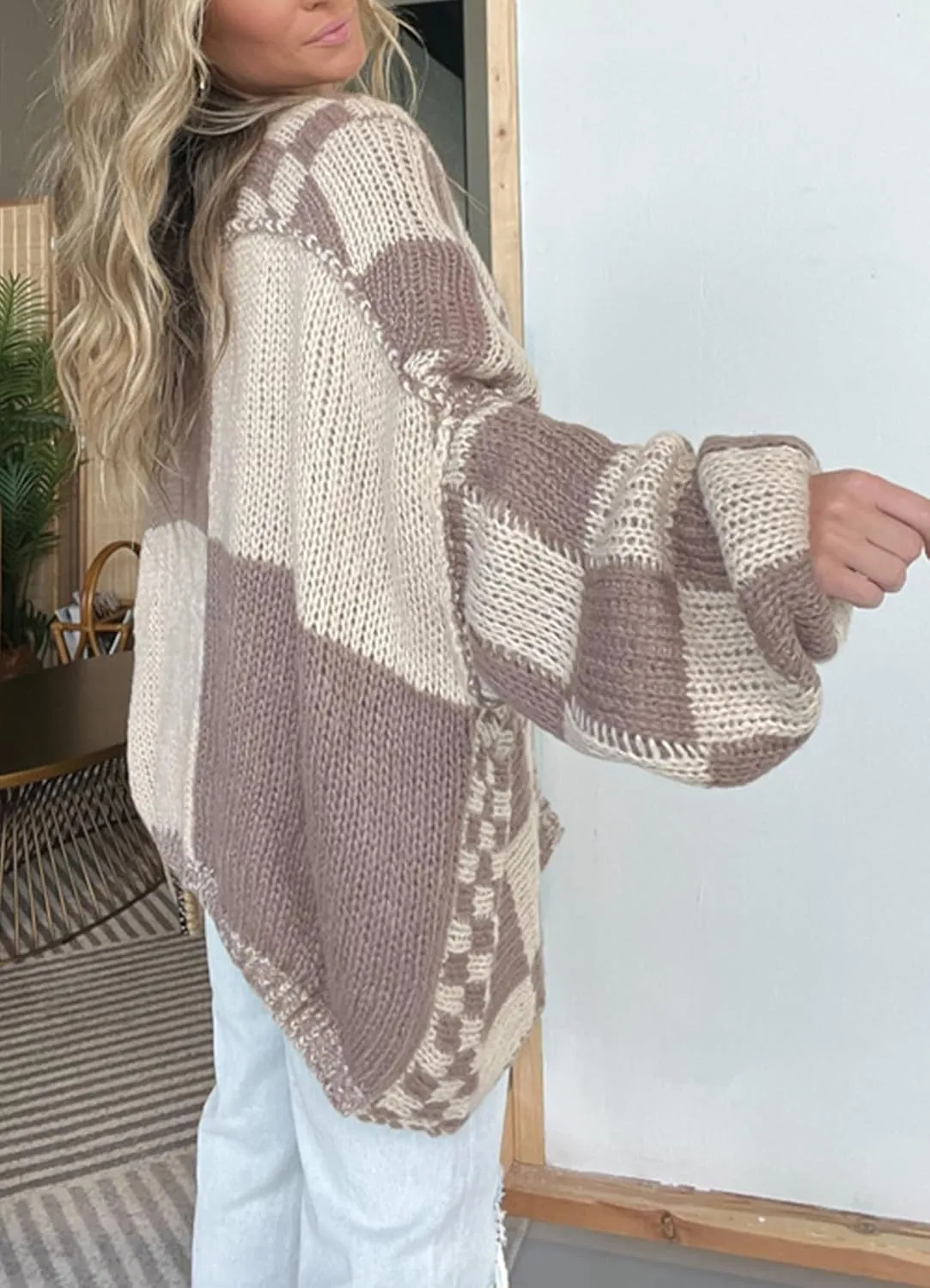 Womens Long Sleeve Chunky Cable Knit Fall Cardigan Sweaters Oversized Open Front Plaid Kimonos Outwear with Pockets