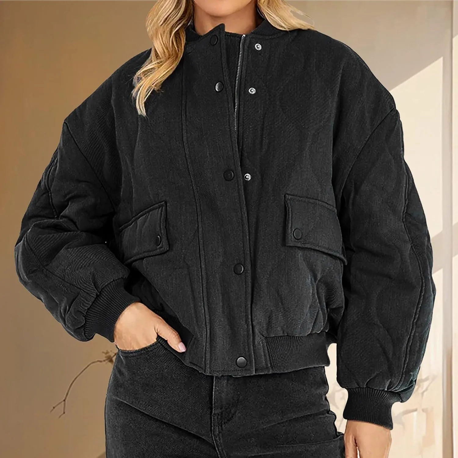 Womens Long-Sleeve Hooded Puffer Coat Jacket Loose Pocket Cotton Jacket Womens Winter Jacket Women Winter Jacket