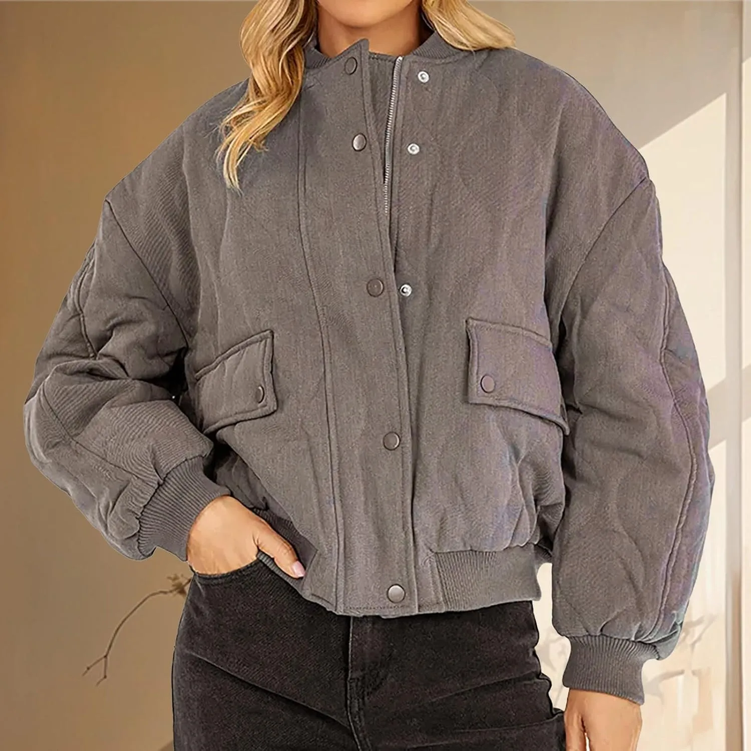 Womens Long-Sleeve Hooded Puffer Coat Jacket Loose Pocket Cotton Jacket Womens Winter Jacket Women Winter Jacket