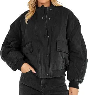 Womens Long-Sleeve Hooded Puffer Coat Jacket Loose Pocket Cotton Jacket Womens Winter Jacket Women Winter Jacket