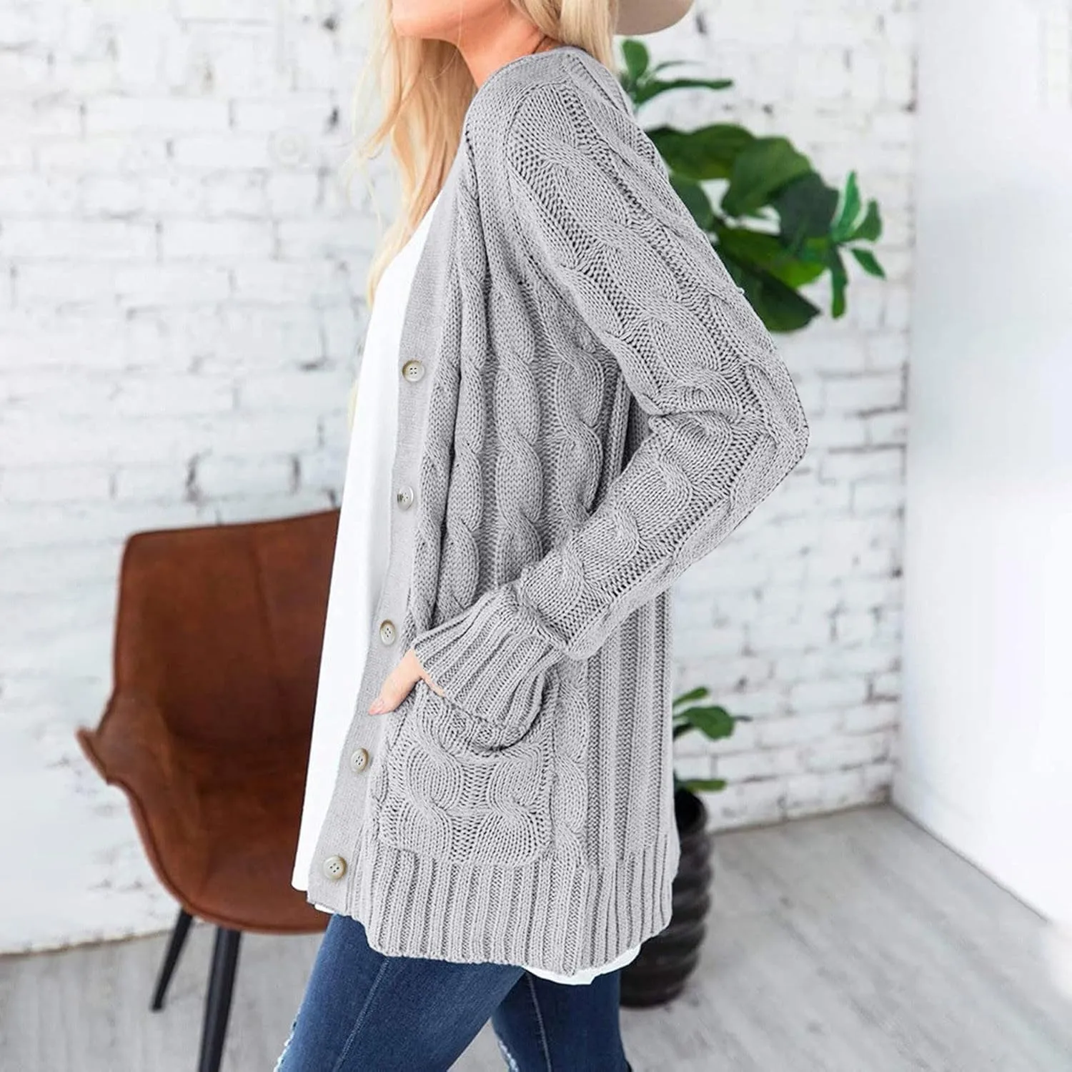 Women's Long Sleeve Open Front Knitted Cardigan Sweater, Button Down Chunky Pullover Outwear Coat