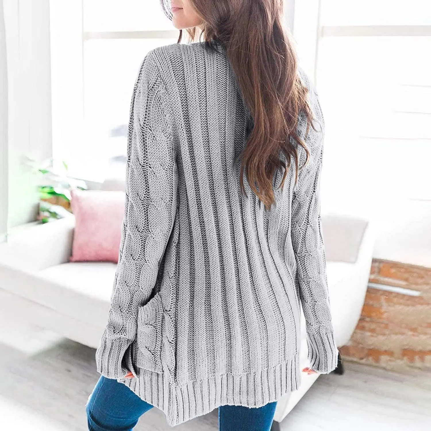 Women's Long Sleeve Open Front Knitted Cardigan Sweater, Button Down Chunky Pullover Outwear Coat