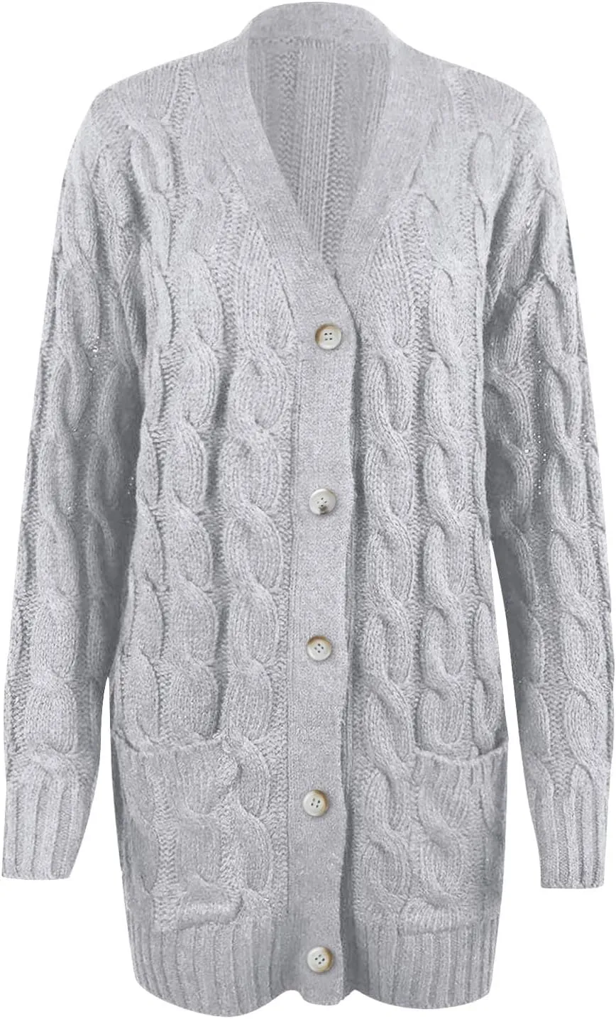 Women's Long Sleeve Open Front Knitted Cardigan Sweater, Button Down Chunky Pullover Outwear Coat