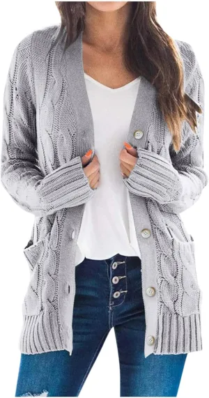 Women's Long Sleeve Open Front Knitted Cardigan Sweater, Button Down Chunky Pullover Outwear Coat
