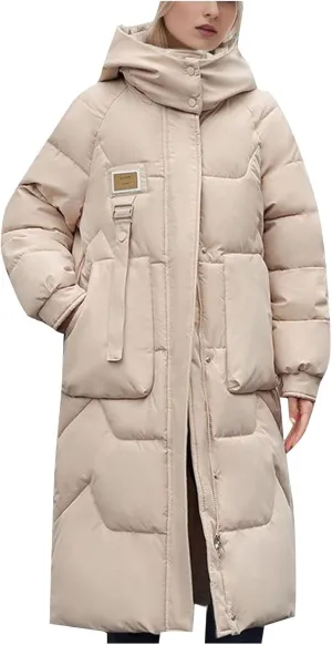 Women's Longer Length Cocoon Puffer Coat,Full Zip Hoodies Stand Collar Jacket Women Quilted Padded Coat Winter Outerwear