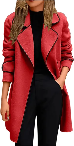 Women's Mid-Length Open Front Woolen Blend Coat with Belt, Elegant Wide Lapel Wool Blend Trench Coat Fall Outwear