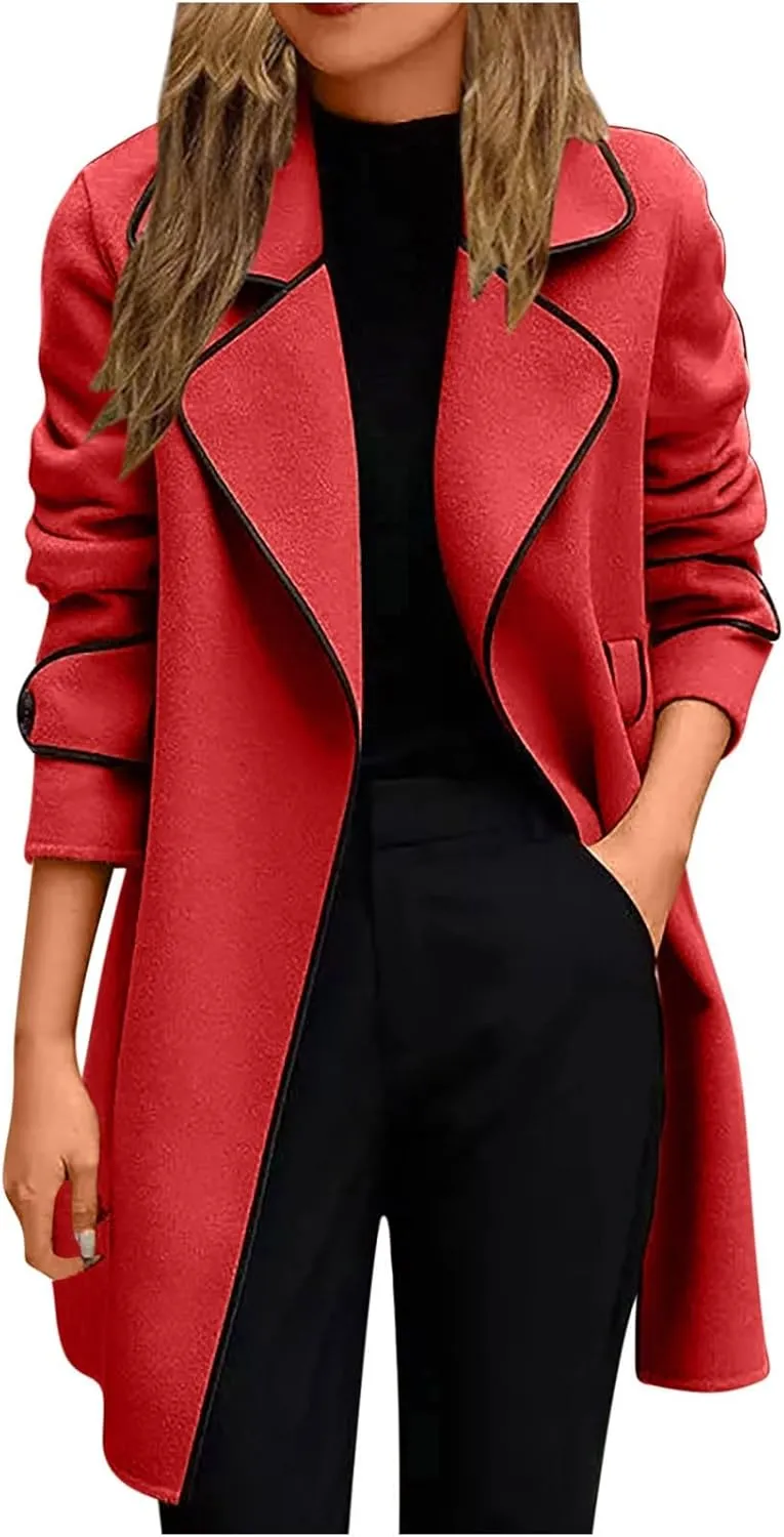 Women's Mid-Length Open Front Woolen Blend Coat with Belt, Elegant Wide Lapel Wool Blend Trench Coat Fall Outwear