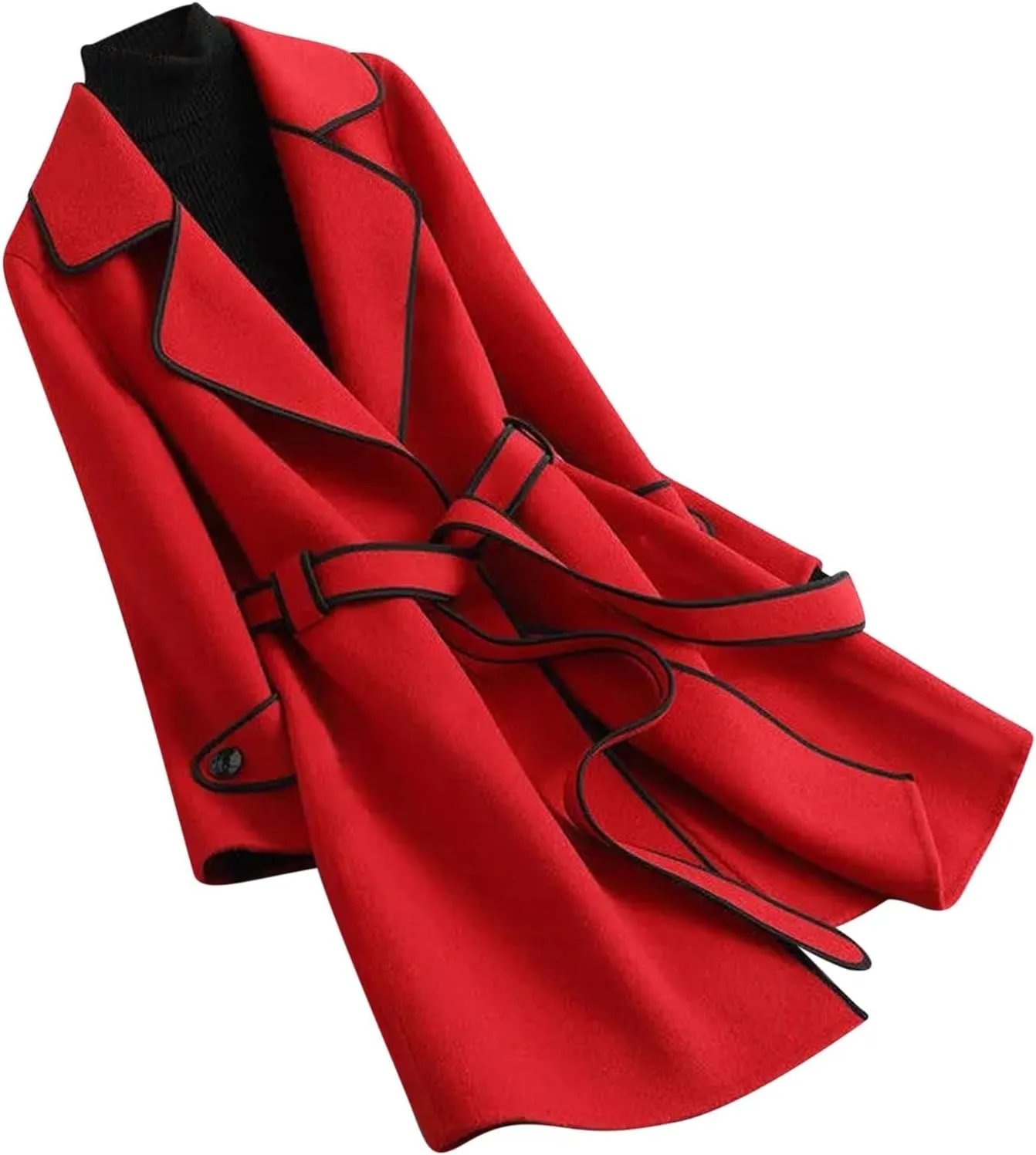 Women's Mid-Length Open Front Woolen Blend Coat with Belt, Elegant Wide Lapel Wool Blend Trench Coat Fall Outwear