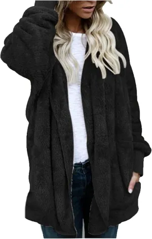 Womens Open Front Cardigan Oversized Fleece Sherpa Jacket with Hooded Fluffy Fur Coats with Pockets
