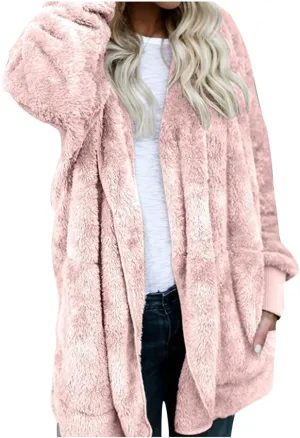 Womens Open Front Cardigan Oversized Fleece Sherpa Jacket with Hooded Fluffy Fur Coats with Pockets