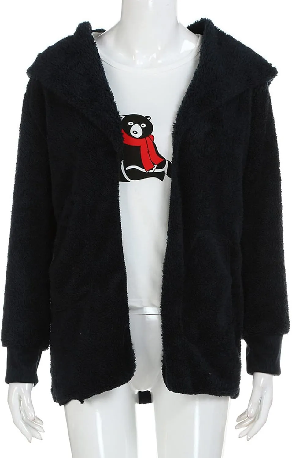 Womens Open Front Cardigan Oversized Fleece Sherpa Jacket with Hooded Fluffy Fur Coats with Pockets
