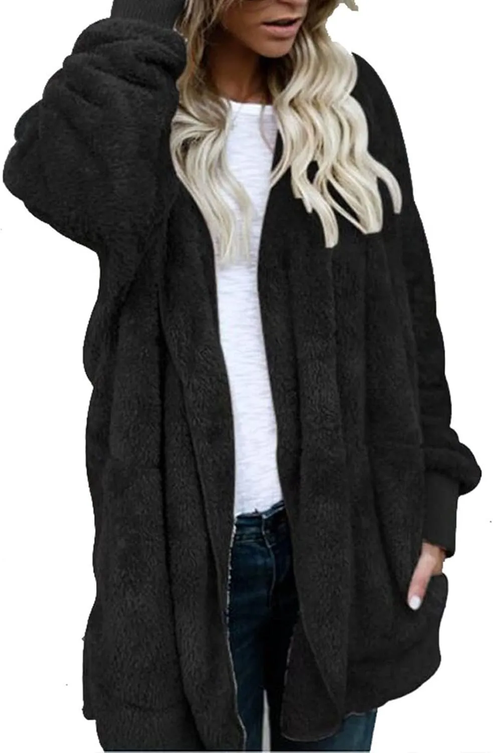 Womens Open Front Cardigan Oversized Fleece Sherpa Jacket with Hooded Fluffy Fur Coats with Pockets