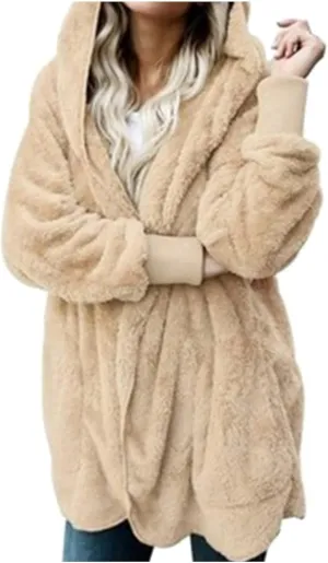 Womens Open Front Cardigan Oversized Fleece Sherpa Jacket with Hooded Fluffy Fur Coats with Pockets