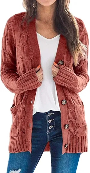 Womens Open Front Cardigan Sweater Cable Knit Chunky Outerwear Coats Button Down Cardigans