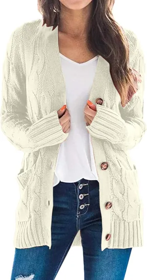 Women's Open Front Cardigan Sweaters 2024 Winter Fashion Button Down Cable Knit Chunky Warm Outwear Coats with Pocket