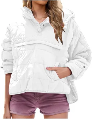 Women's Oversized Puffer Jacket with Hood Quilted Lightweight Winter Warm Pullover Padded Cotton Coat Trendy