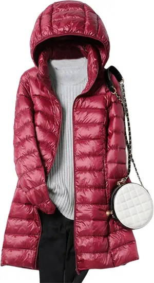Womens Packable Down Jacket Lightweight Slim Fit Puffer Jacket Warm Long Quilted Coats with Hood