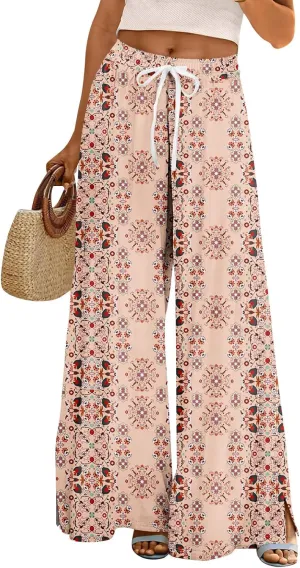 Womens Pants Wide Leg High Waistd Beach 2025 Pants Side Split Drawstring Elastic Waist Floral Print Pockets Trousers