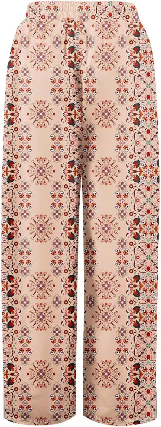 Womens Pants Wide Leg High Waistd Beach 2025 Pants Side Split Drawstring Elastic Waist Floral Print Pockets Trousers